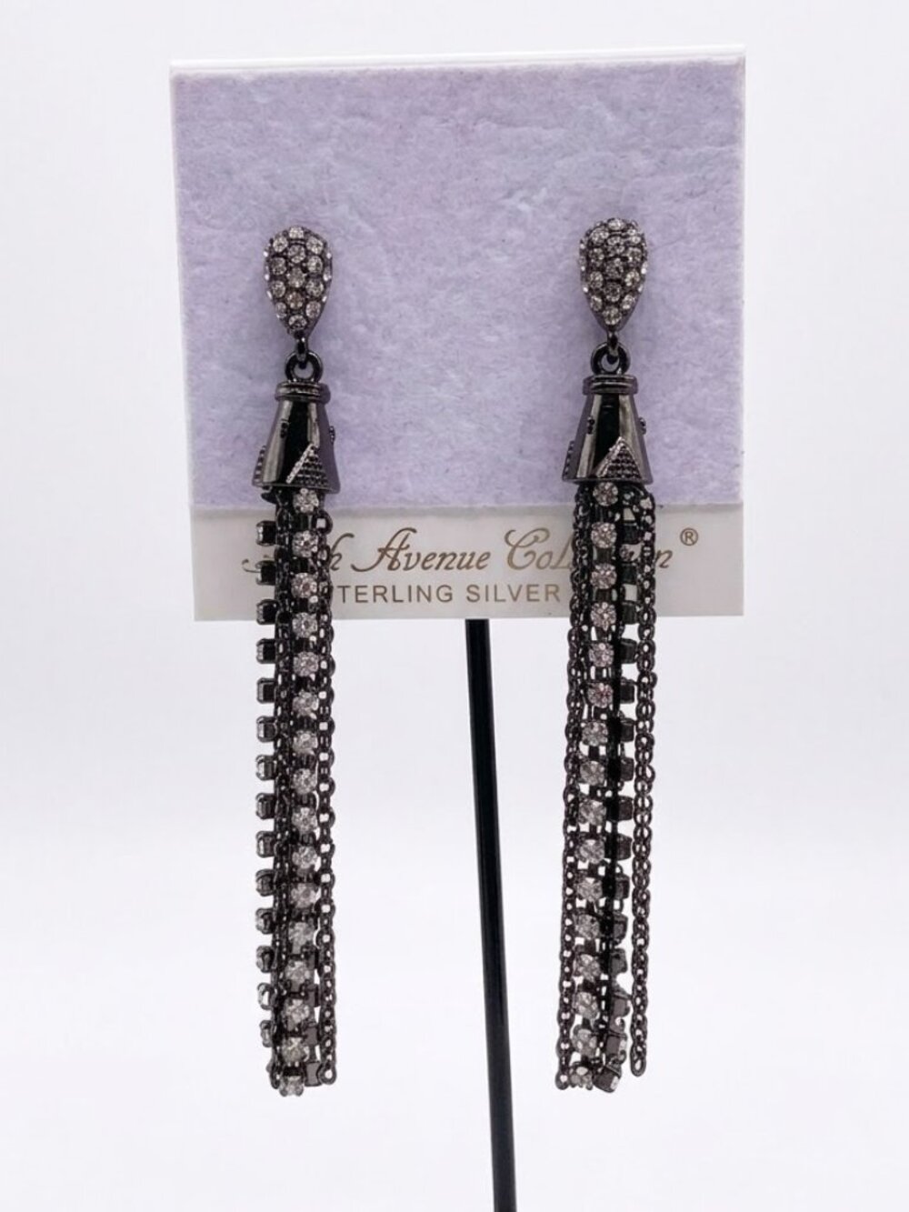 NWT Fifth Avenue Gun Metal Swarovski Crystal Tassel Dangle Drop Earrings